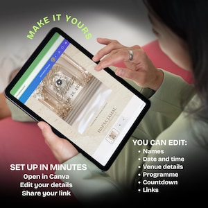 K&ouml;nnte beinhalten: Ein schwarzes Tablet zeigt ein Hochzeitskarten-Design mit den Namen Hafsa & Farhan und dem Datum 26. Mai 2026. Auf dem Bildschirm steht "MAKE IT YOURS", "SET UP IN MINUTES" und "YOU CAN EDIT".