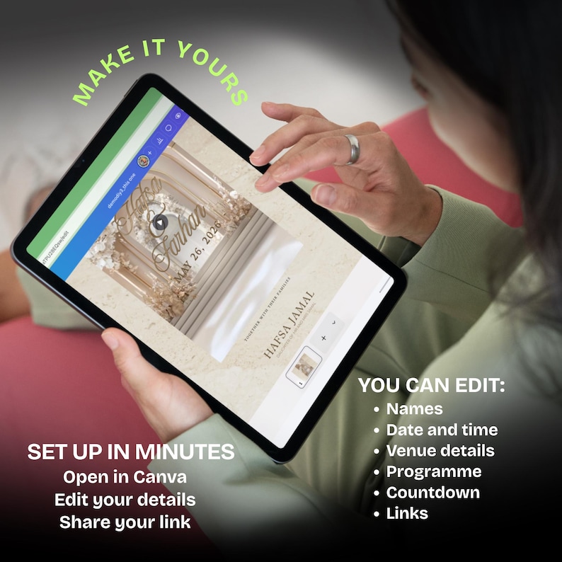 K&ouml;nnte beinhalten: Ein schwarzes Tablet zeigt ein Hochzeitskarten-Design mit den Namen Hafsa & Farhan und dem Datum 26. Mai 2026. Auf dem Bildschirm steht "MAKE IT YOURS", "SET UP IN MINUTES" und "YOU CAN EDIT".