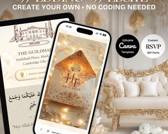 Muslimische Hochzeitswebsite Vorlage, Bearbeitbar Canva RSVP, Nikkah Digitale Einladung | Luxus-Gold