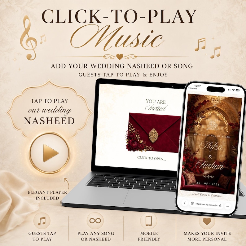 Pu&ograve; includere: Un invito di nozze digitale su laptop e smartphone che mostra una busta bordeaux e un design ad arco ornato. Il testo include CLICK-TO-PLAY MUSIC, TAP TO PLAY our wedding NASHEED, e i nomi Hafsa & Sarhan con la data 26-05-2026.