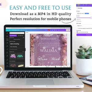 May include: A silver laptop displaying a Canva interface with a purple floral Walima invitation template on the screen. The screen shows text including In the name of Allah the most gracious the most merciful, together with our families, and Walima.