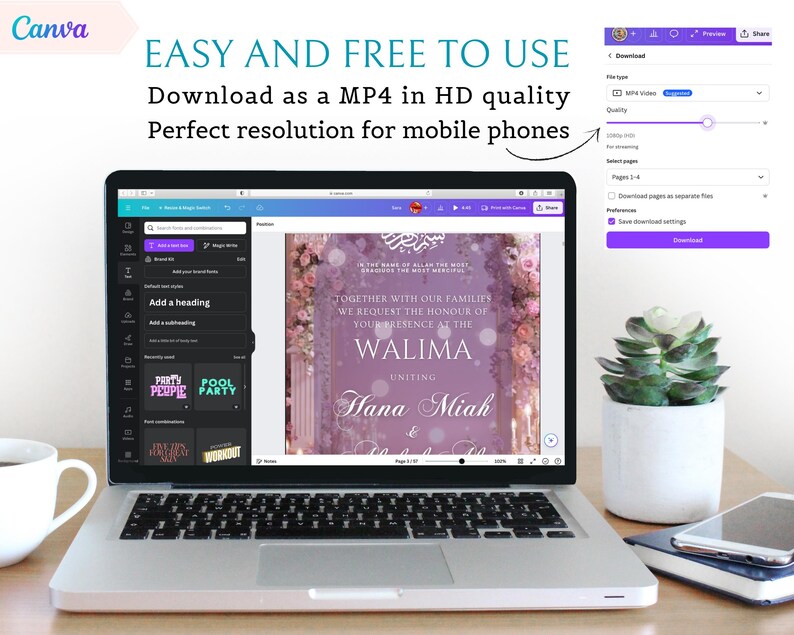 May include: A silver laptop displaying a Canva interface with a purple floral Walima invitation template on the screen. The screen shows text including In the name of Allah the most gracious the most merciful, together with our families, and Walima.