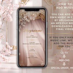 K&ouml;nnte beinhalten: Ein Smartphone zeigt ein Hochzeitsprogramm mit einem weichen rosa und goldenen Design. Das Programm enth&auml;lt den Zeitplan: Ankunft der G&auml;ste, Ankunft von Braut und Br&auml;utigam, Mittagessen und Anschneiden der Torte. Text erkl&auml;rt, wie man Musik zu einem Video hinzuf&uuml;gt.