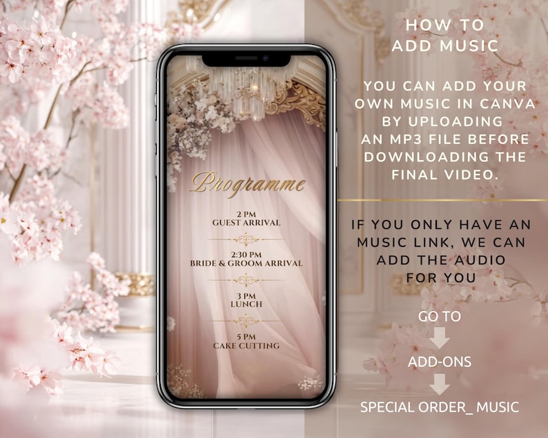 K&ouml;nnte beinhalten: Ein Smartphone zeigt ein Hochzeitsprogramm mit einem weichen rosa und goldenen Design. Das Programm enth&auml;lt den Zeitplan: Ankunft der G&auml;ste, Ankunft von Braut und Br&auml;utigam, Mittagessen und Anschneiden der Torte. Text erkl&auml;rt, wie man Musik zu einem Video hinzuf&uuml;gt.