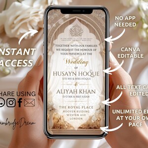 May include: A smartphone displays a wedding invitation with gold and beige tones. The invitation includes the names Husayn Hoque and Aliyah Khan, with text indicating it's editable in Canva. Additional text highlights instant access and sharing options.