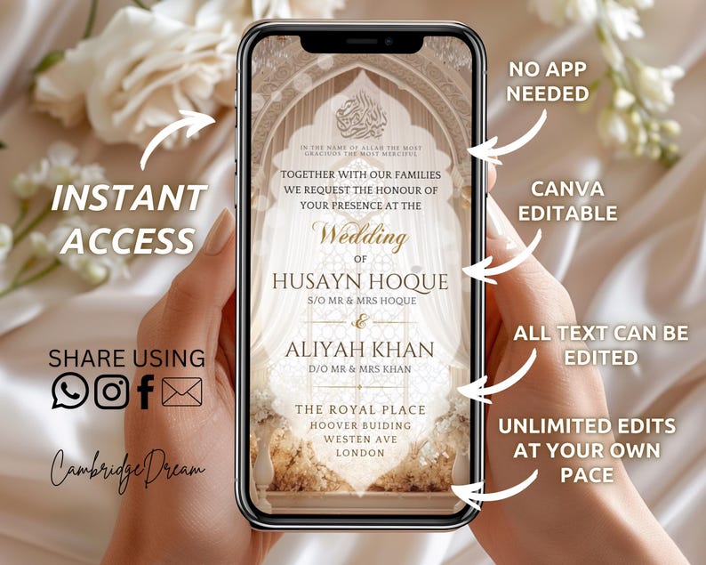 May include: A smartphone displays a wedding invitation with gold and beige tones. The invitation includes the names Husayn Hoque and Aliyah Khan, with text indicating it's editable in Canva. Additional text highlights instant access and sharing options.