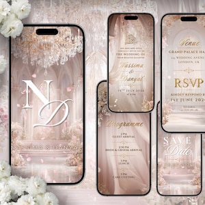 K&ouml;nnte beinhalten: Eine Sammlung digitaler Hochzeitseinladungsvorlagen, die auf Smartphones angezeigt werden. Die Designs weisen eine weiche, romantische &Auml;sthetik mit floralen Akzenten, eleganten Schriftarten und den Namen "Nassima & Danyal" auf. Die Vorlagen umfassen RSVP- und Save-the-Date-Karten.