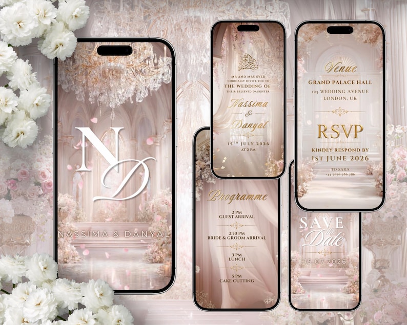 K&ouml;nnte beinhalten: Eine Sammlung digitaler Hochzeitseinladungsvorlagen, die auf Smartphones angezeigt werden. Die Designs weisen eine weiche, romantische &Auml;sthetik mit floralen Akzenten, eleganten Schriftarten und den Namen "Nassima & Danyal" auf. Die Vorlagen umfassen RSVP- und Save-the-Date-Karten.