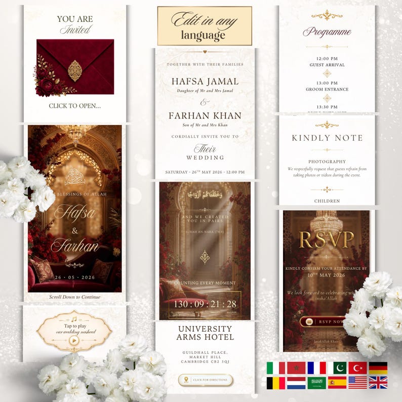 Pu&ograve; includere: Un set di inviti di nozze digitali con schemi di colore rosso intenso e oro, sfondi architettonici decorati e tipografia elegante. Il set include carte RSVP, dettagli del programma e informazioni sull'evento con testo in inglese.
