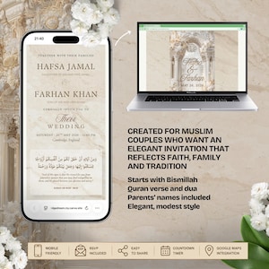 K&ouml;nnte beinhalten: Eine digitale Hochzeitseinladung, die auf einem Smartphone und Laptop angezeigt wird. Die Einladung zeigt die Namen Hafsa Jamal und Farhan Khan mit dem Hochzeitsdatum 26. Mai 2026. Das Design umfasst florale Akzente und Text in Englisch und Arabisch.