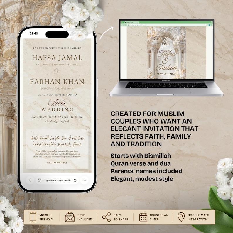 K&ouml;nnte beinhalten: Eine digitale Hochzeitseinladung, die auf einem Smartphone und Laptop angezeigt wird. Die Einladung zeigt die Namen Hafsa Jamal und Farhan Khan mit dem Hochzeitsdatum 26. Mai 2026. Das Design umfasst florale Akzente und Text in Englisch und Arabisch.