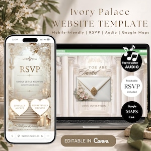 Può includere: Modello di sito web Ivory Palace per dispositivi mobili e desktop con una pagina RSVP con pulsanti a forma di cuore, una pagina di invito con una busta e testo che include Tap-to-Listen Audio, Trackable RSVP e Google Maps Link, modificabile in Canva.