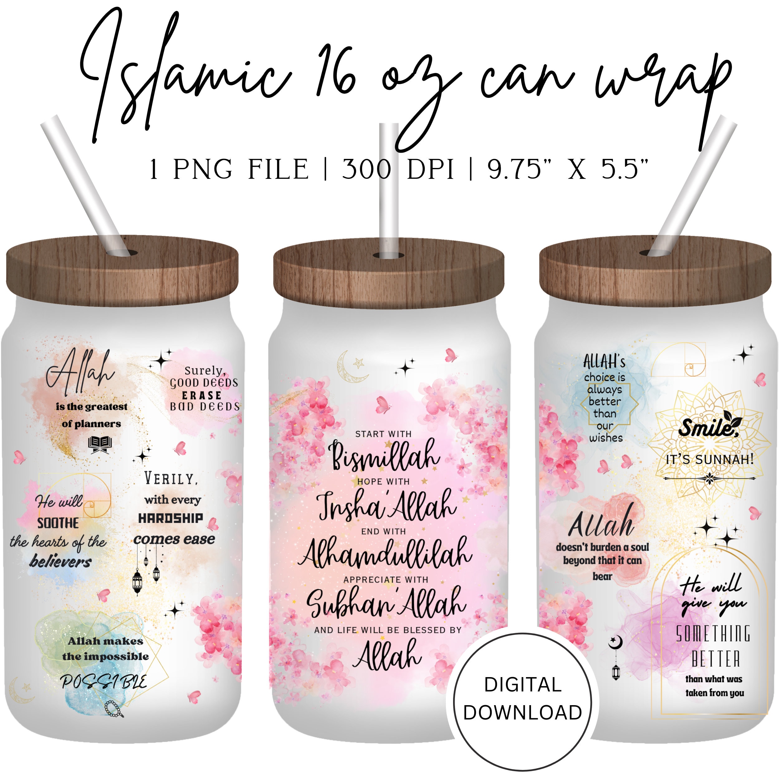 Start with Bismillah Glass Can Wrap Design | 16 oz Glass Can Wrap Digital Download PNG |  Islamic Clipart | Commercial Licence
