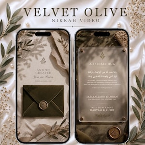 Könnte beinhalten: Zwei Smartphones zeigen eine Nikkah-Videovorlage mit dem Titel VELVET OLIVE. Der linke Bildschirm zeigt einen dunkel olivgrünen Samtumschlag mit einem Wachssiegel. Der rechte Bildschirm zeigt ein mattes Acrylschild mit arabischem Text.