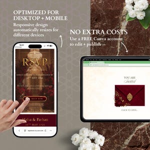 Pu&ograve; includere: Uno smartphone e un tablet che mostrano un modello di invito a nozze digitale. Lo schermo del telefono mostra una pagina RSVP con testo dorato su sfondo rosso scuro. Lo schermo del tablet mostra un invito con una busta rossa e il testo YOU ARE Invited.