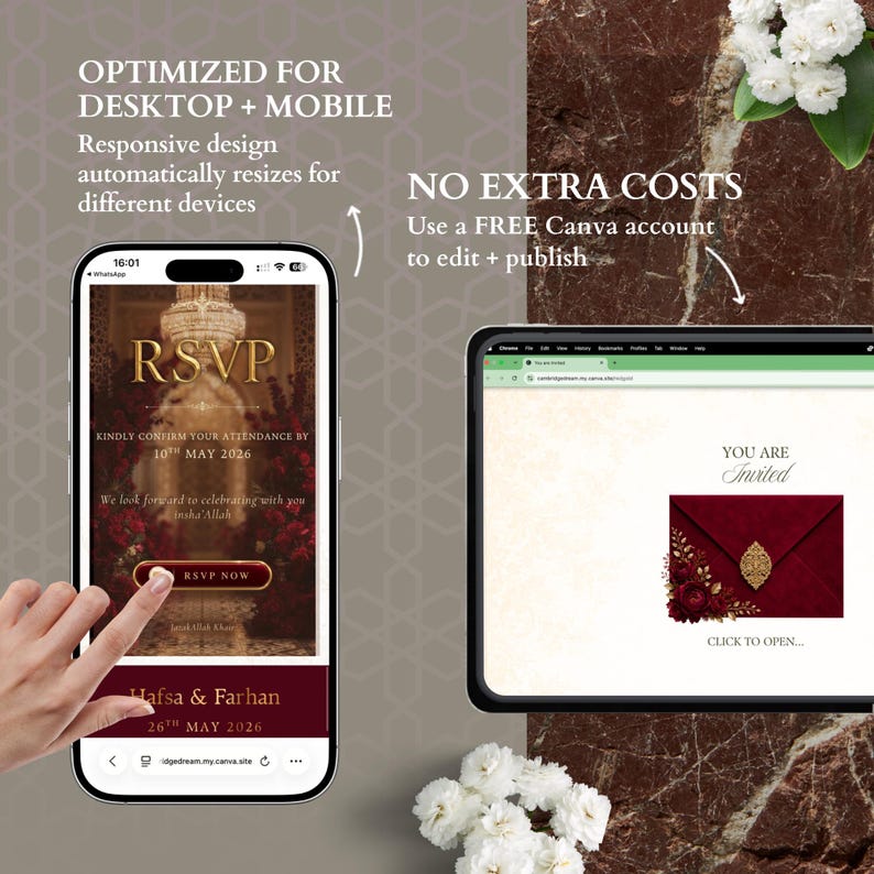 Pu&ograve; includere: Uno smartphone e un tablet che mostrano un modello di invito a nozze digitale. Lo schermo del telefono mostra una pagina RSVP con testo dorato su sfondo rosso scuro. Lo schermo del tablet mostra un invito con una busta rossa e il testo YOU ARE Invited.