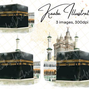 Aquarel islamitische gebouwen illustraties |  Kaaba, png-bestand | Eid Mubarak | Commerciële licentie