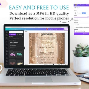 May include: A laptop displaying a wedding invitation design on Canva. The screen shows the text "Wedding" and names. The laptop is open on a wooden desk with a coffee cup, a succulent plant, and a smartphone.