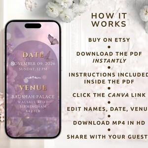 May include: A smartphone displaying a purple digital wedding invitation with butterfly graphics, featuring the text DATE NOVEMBER 09, 2026, SUNDAY, 12 PM and VENUE BADSHAH PALACE, WALSALL ROAD, BIRMINGHAM, B42 1LR. Text on the right explains the digital download process.