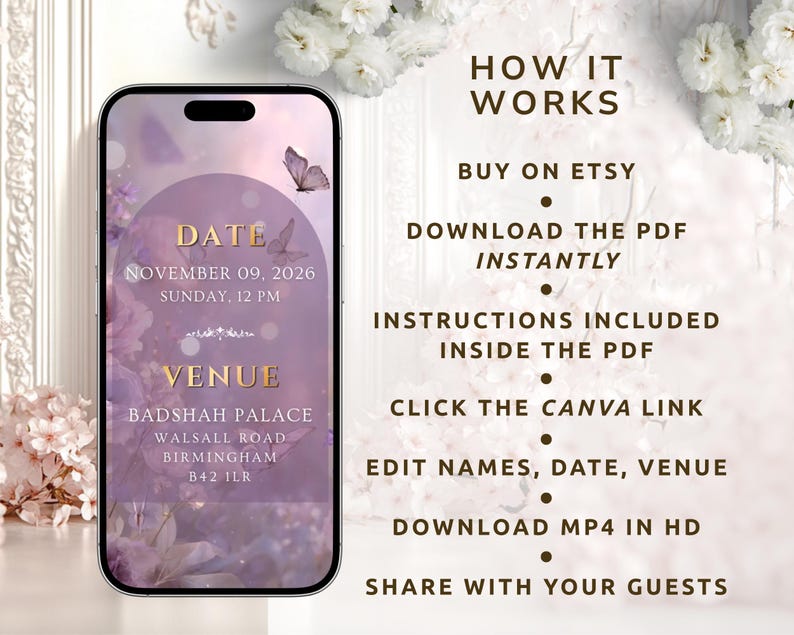 May include: A smartphone displaying a purple digital wedding invitation with butterfly graphics, featuring the text DATE NOVEMBER 09, 2026, SUNDAY, 12 PM and VENUE BADSHAH PALACE, WALSALL ROAD, BIRMINGHAM, B42 1LR. Text on the right explains the digital download process.
