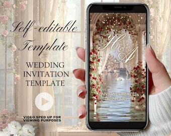 May include: A smartphone displays a wedding invitation template with the text "Self-editable Template WEDDING INVITATION TEMPLATE". The screen shows a romantic scene with red roses, white curtains, and swans. The text "AND WE CREATED YOU IN PAIRS 7:8" is also visible.