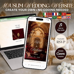 Muslim Wedding Website Template, Editable Canva RSVP, Nikkah Digital Invite | Luxury Red and Gold