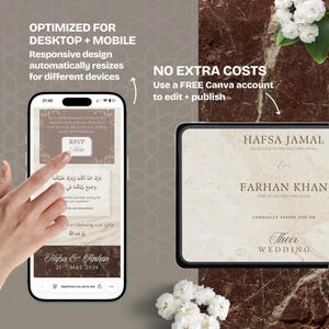 K&ouml;nnte beinhalten: Ein Smartphone und ein Tablet zeigen Hochzeitskarten-Designs. Das Telefon zeigt ein Design mit Text in Englisch und Arabisch. Das Tablet zeigt eine Hochzeitseinladung mit Namen und den Worten "Their Wedding". Das Bild enth&auml;lt auch Text mit der Aufschrift "Optimiert f&uuml;r Desktop + Mobile".