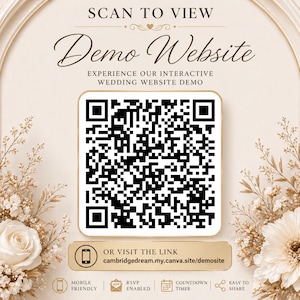 K&ouml;nnte beinhalten: Werbung f&uuml;r eine Hochzeitswebsite-Demo in Creme mit floralen Akzenten. Das Design umfasst einen QR-Code, den Text "Demo Website" und die Website-Adresse. Funktionen: mobilfreundlich, RSVP aktiviert, Countdown-Timer und einfach zu teilen.