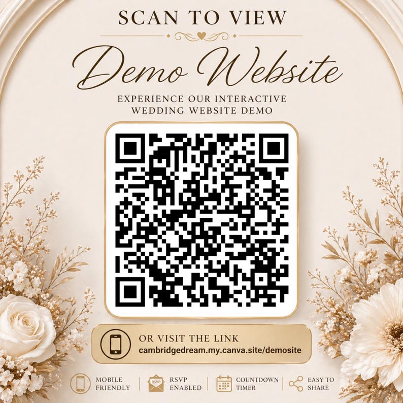 K&ouml;nnte beinhalten: Werbung f&uuml;r eine Hochzeitswebsite-Demo in Creme mit floralen Akzenten. Das Design umfasst einen QR-Code, den Text "Demo Website" und die Website-Adresse. Funktionen: mobilfreundlich, RSVP aktiviert, Countdown-Timer und einfach zu teilen.