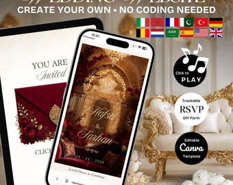 Muslim Wedding Website Template, Editable Canva RSVP, Nikkah Digital Invite | Luxury Red and Gold