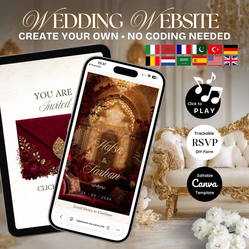 Pu&ograve; includere: Un modello di sito web per matrimoni digitale visualizzato su uno schermo di tablet e smartphone. Il design presenta accenti floreali rosso scuro, dettagli dorati e il testo 'Hafsa & Farhan' con la data '26 05 2026'. Include icone per musica, RSVP e Canva.