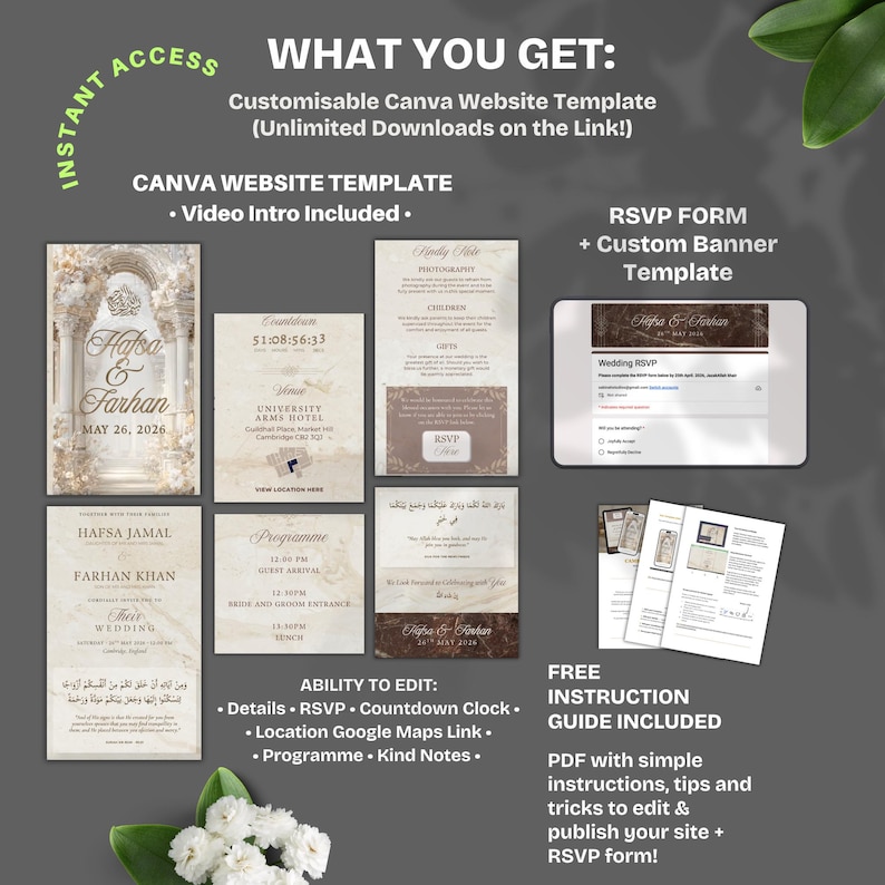 K&ouml;nnte beinhalten: Eine digitale Hochzeit Vorlage mit einer anpassbaren Canva Website, RSVP Formular und Anleitung. Das Design umfasst Einladungskarten, einen Countdown-Timer und eine Banner Vorlage. Die Vorlage ist editierbar und enth&auml;lt ein Video-Intro.