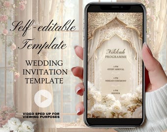 May include: A smartphone displays a wedding invitation template with the text "Nikkah Programme." The design features a gold arch, white flowers, and the text "Wedding Invitation Template." The phone is held in a hand.