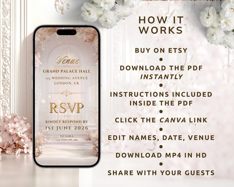 K&ouml;nnte beinhalten: Ein Smartphone zeigt ein Hochzeitskarten-Design mit dem Text "Venue Grand Palace Hall, London, UK" und "RSVP". Das Design enth&auml;lt florale Akzente und die Worte "How it Works" mit Anweisungen: Auf Etsy kaufen, PDF herunterladen, Canva-Link anklicken.