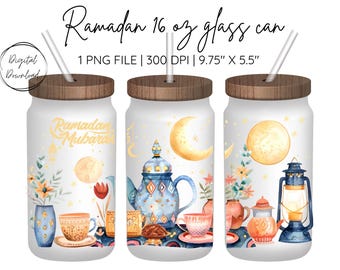 Ramadan Mubarak Glass Can Wrap Design | 16 oz Glass Can Wrap Digital Download PNG |  Islamic Clipart | Commercial Licence