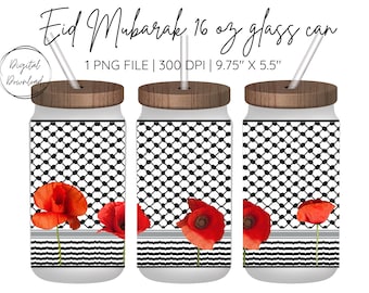 Palestinian Poppy Glass Can Wrap Design | 16 oz Glass Can Wrap Digital Download PNG |  Islamic Clipart | Commercial Licence