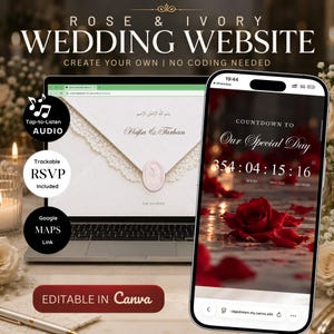 Può includere: Un computer portatile e uno smartphone mostrano un modello di sito web per matrimoni Rose & Ivory. Lo schermo del portatile mostra una busta con un sigillo di ceralacca, mentre il telefono visualizza un conto alla rovescia con rose rosse.