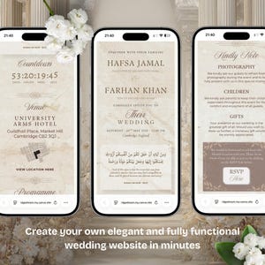 K&ouml;nnte beinhalten: Drei Smartphones zeigen Designs f&uuml;r Hochzeitswebsites. Das erste zeigt einen Countdown, Veranstaltungsdetails und ein Programm. Das zweite zeigt die Namen des Paares und Hochzeitsdetails. Das dritte enth&auml;lt Hinweise zu Fotografie, Kindern, Geschenken und eine RSVP-Schaltfl&auml;che. Text: Erstellen Sie in wenigen Minuten Ihre eigene elegante und voll funktionsf&auml;hige Hochzeitswebsite.