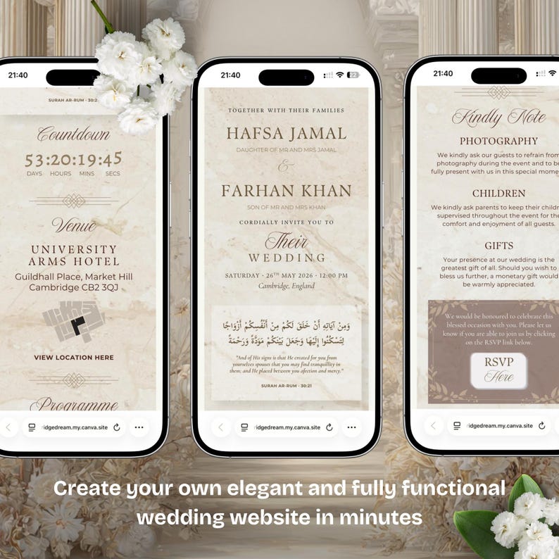K&ouml;nnte beinhalten: Drei Smartphones zeigen Designs f&uuml;r Hochzeitswebsites. Das erste zeigt einen Countdown, Veranstaltungsdetails und ein Programm. Das zweite zeigt die Namen des Paares und Hochzeitsdetails. Das dritte enth&auml;lt Hinweise zu Fotografie, Kindern, Geschenken und eine RSVP-Schaltfl&auml;che. Text: Erstellen Sie in wenigen Minuten Ihre eigene elegante und voll funktionsf&auml;hige Hochzeitswebsite.