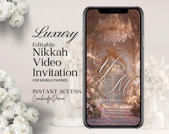 May include: A smartphone displaying a digital Nikkah video invitation with the text Luxury Editable Nikkah Video Invitation for Mobile Phones Instant Access Cambridge Dream and the names Yaseen & Mamoona on a floral background.
