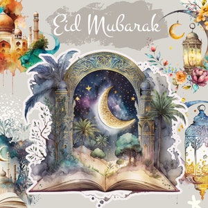 Clipart de l'Aïd aquarelle | Aïd Moubarak | Lanterne islamique PNG | Etoile de lune musulmane | autocollant sublimation arabe | Licence commerciale