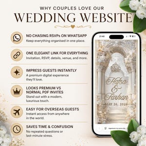 K&ouml;nnte beinhalten: Ein Smartphone zeigt eine Hochzeitswebsite mit den Namen "Hafsa & Farhan" und dem Datum "26. Mai 2026." Das Bild bewirbt eine Hochzeitswebsite mit Funktionen wie RSVP-Verwaltung und einfachem Zugang f&uuml;r internationale G&auml;ste. Florale Elemente umrahmen die Anzeige.