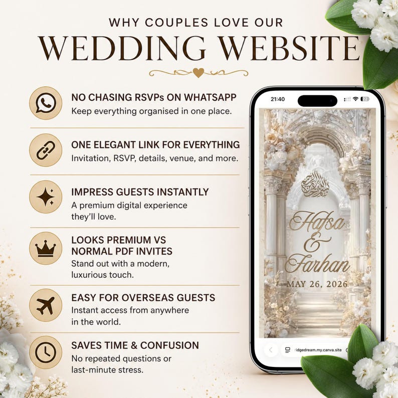 K&ouml;nnte beinhalten: Ein Smartphone zeigt eine Hochzeitswebsite mit den Namen "Hafsa & Farhan" und dem Datum "26. Mai 2026." Das Bild bewirbt eine Hochzeitswebsite mit Funktionen wie RSVP-Verwaltung und einfachem Zugang f&uuml;r internationale G&auml;ste. Florale Elemente umrahmen die Anzeige.