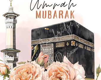 Umrah Mubarak Watercolour Graphic | Roses and Kaaba PNG | Umrah Digital Illustration | Floral Kaaba Clipart | Commercial Licence