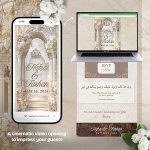 K&ouml;nnte beinhalten: Ein Smartphone und ein Laptop zeigen ein Hochzeitskarten-Design. Die Einladung zeigt die Namen "Hafsa & Farhan" und das Datum "26. Mai 2026". Das Design umfasst florale und architektonische Elemente mit dem Text "RSVP Here".
