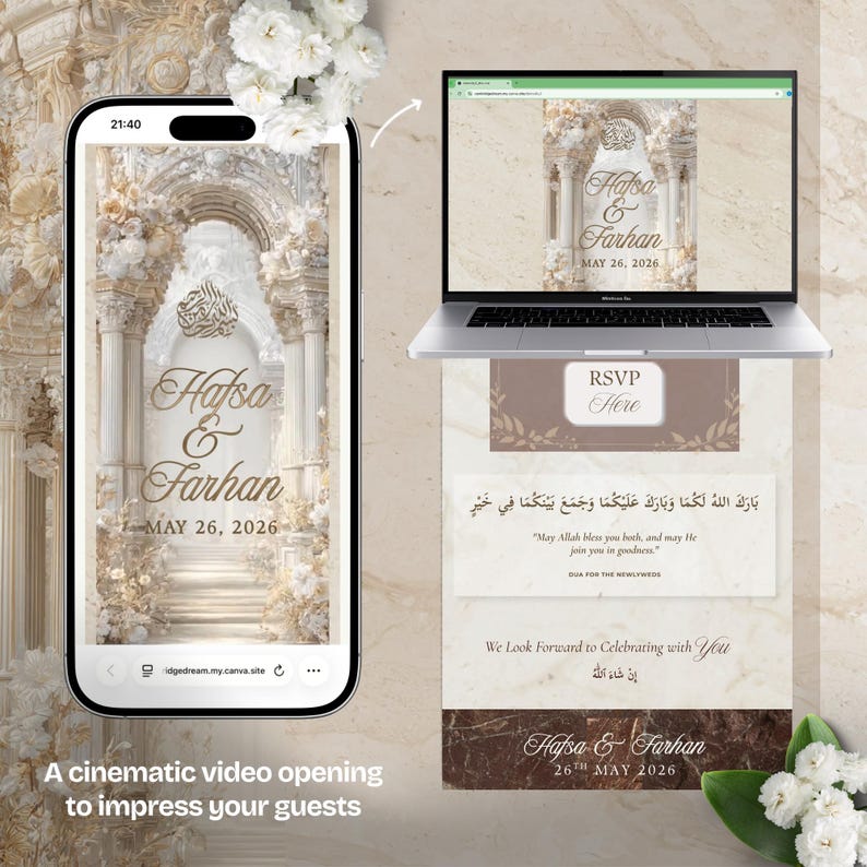 K&ouml;nnte beinhalten: Ein Smartphone und ein Laptop zeigen ein Hochzeitskarten-Design. Die Einladung zeigt die Namen "Hafsa & Farhan" und das Datum "26. Mai 2026". Das Design umfasst florale und architektonische Elemente mit dem Text "RSVP Here".