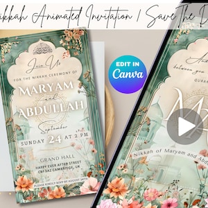 Animierte Hochzeitseinladung, digitale Nikkah-Einladung, islamische Hochzeit, bearbeitbare Canva-Vorlage, druckbare Hochzeitskarte