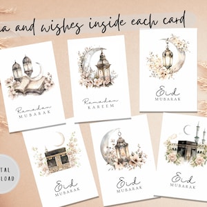 Conjunto de 6 cartões Eid/Ramadan Mubarak para impressão | Cartões de felicitações islâmicos para download digital | Presentes islâmicos | Cartões digitais islâmicos Eid Mubarak