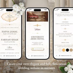 Pu&ograve; includere: Tre schermi di smartphone mostrano un sito web di inviti di nozze digitali. Gli schermi mostrano i dettagli del matrimonio di Hafsa Jamal e Farhan Khan, tra cui un timer per il conto alla rovescia, la sede University Arms Hotel e le linee guida.