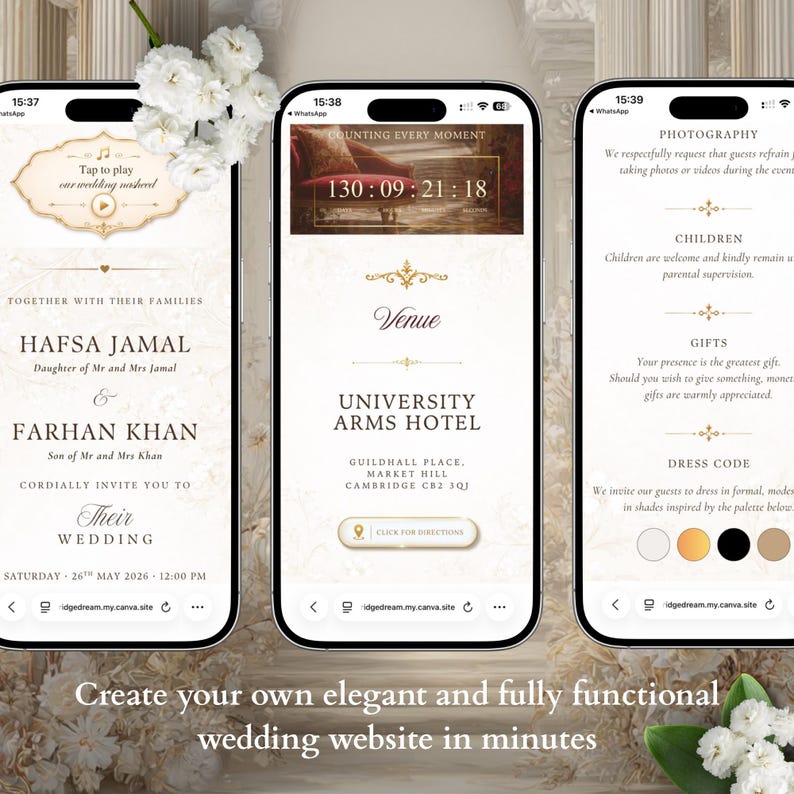 Pu&ograve; includere: Tre schermi di smartphone mostrano un sito web di inviti di nozze digitali. Gli schermi mostrano i dettagli del matrimonio di Hafsa Jamal e Farhan Khan, tra cui un timer per il conto alla rovescia, la sede University Arms Hotel e le linee guida.
